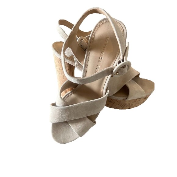 Veronica Beard Lucille  Heeled Sandals NEW Cork Platform Ecru Suede Strap Sz 9.5 - Picture 7 of 13
